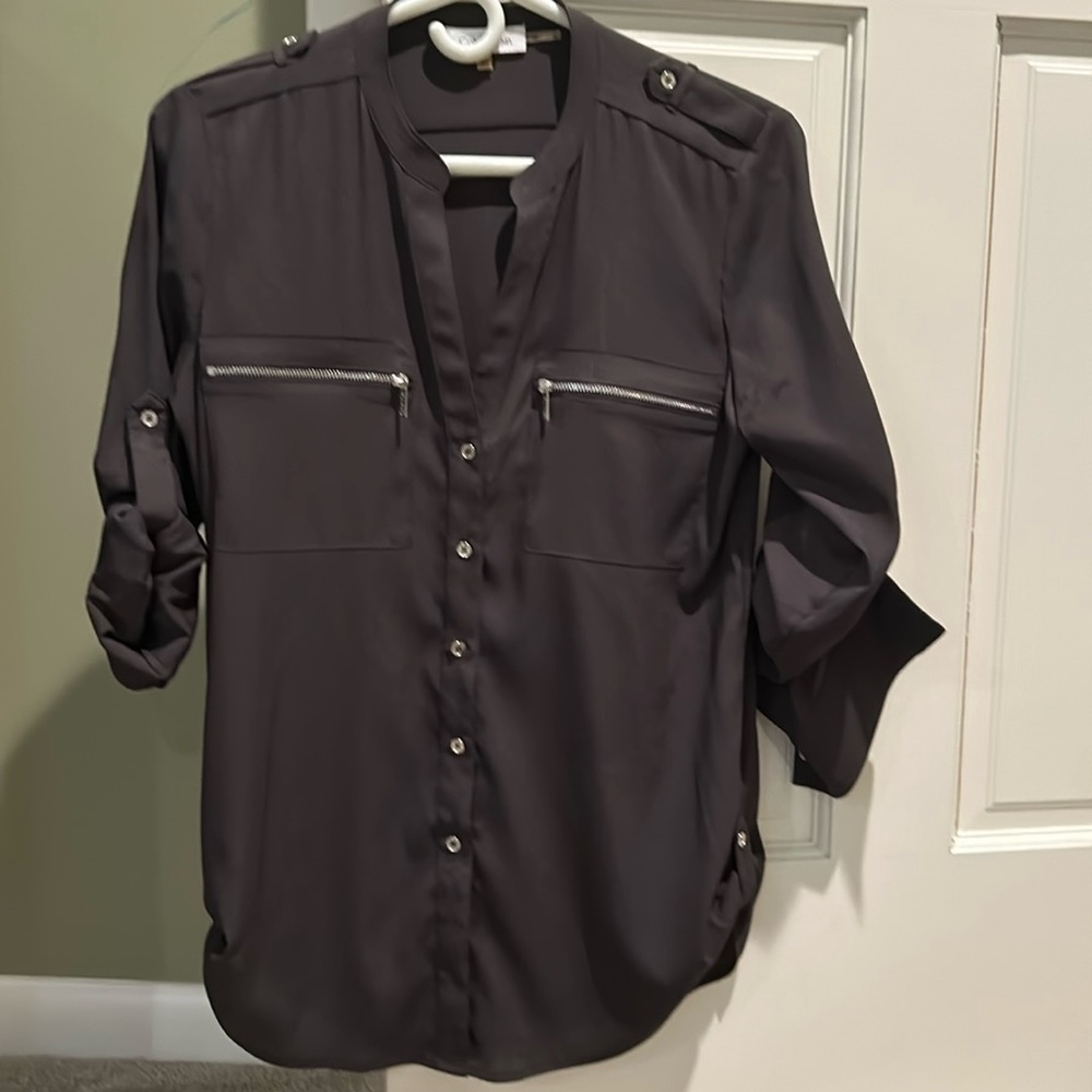 Calvin Klein banded collar pocket detail long roll-sleeve tab sleeve